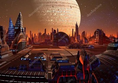 Stáhnout - Cizí panoráma v noci - fantasy planet — Stock obrázek