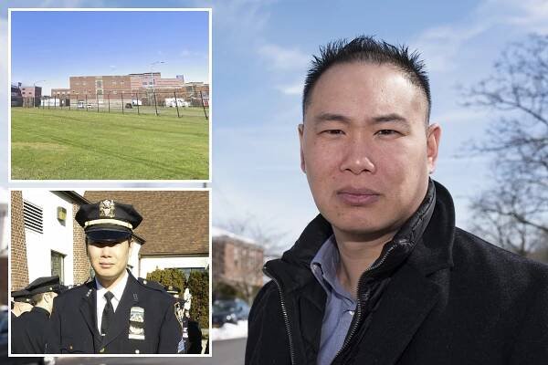 Composite photograph of a headshot of former NYPD Sgt. Steven Lee, Lee in uniform, and Westchester County Jail.