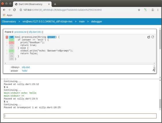 Observatory Debugger on processLine function