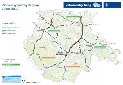 Aktualizovaná mapa významných oprav - Správa České Budějovice (říjen 2022) - Ředitelství silnic a dálnic s. p. pro Jihočeský kraj