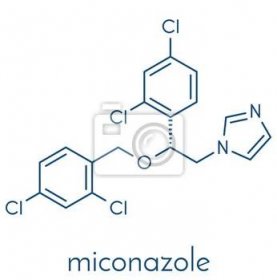 Miconazolová antifungální léková molekula. Imidazolová třída antimykotika, používaná při léčbě nohou sportovce, kožního onemocnění, kvasinkové infekce atd. Kostrový vzorec.