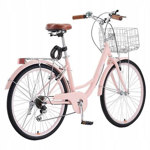 Cruiserové kolo VEVOR 26 palců, 7 rychlostí, růžové plážové cruiserové kolo s košíkem