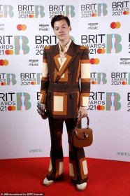 2021: Harry Styles took inspiration from the Seventies with his bold, geometric print Gucci suit at the 2021 BRIT Awards