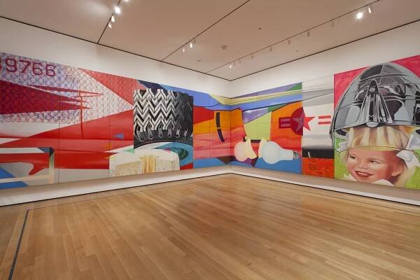 "F-111," exhibited at the Museum of Modern Art in New York. James Rosenquist began to paint the 86-foot-long "F-111" in 1964, in the middle of one of this country’s most turbulent decades. Inspired by advertising billboards and by earlier mural-scaled paintings, such as Claude Monet’s "Water Lilies," he designed its 23 panels to wrap around the four walls of the Leo Castelli Gallery at 4 East 77th Street in Manhattan, where it would be displayed the following year. Rosenquist took as his subject the F-111 fighter bomber plane, the newest, most technologically advanced weapon in development at the time, and positioned it, as he later explained, “flying through the flak of consumer society to question the collusion between the Vietnam death machine, consumerism, the media, and advertising.” Its jumps of scale, collage-like juxtaposition of fragments of imagery, and gloriously vivid palette exemplify the style that defines Rosenquist’s singular contribution to Pop art in the United States. For this special installation, located outside the entrance to the fourth-floor Painting and Sculpture galleries, "F-111" is presented as it was first exhibited at the Castelli Gallery in 1965.
