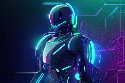 Digital holographic background with futuristic robot design