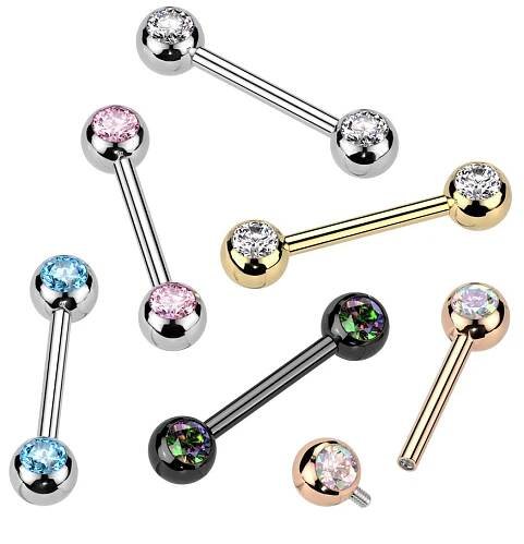 Titanový piercing do bradavky s vnitřním závitem a zirkony Pery
