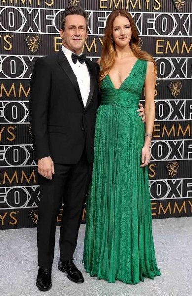 LOS ANGELES, CALIFORNIA - JANUARY 15: (L-R) Jon Hamm and Anna Osceola attend the 75th Primetime Emmy Awards at Peacock Theater on January 15, 2024 in Los Angeles, California.
