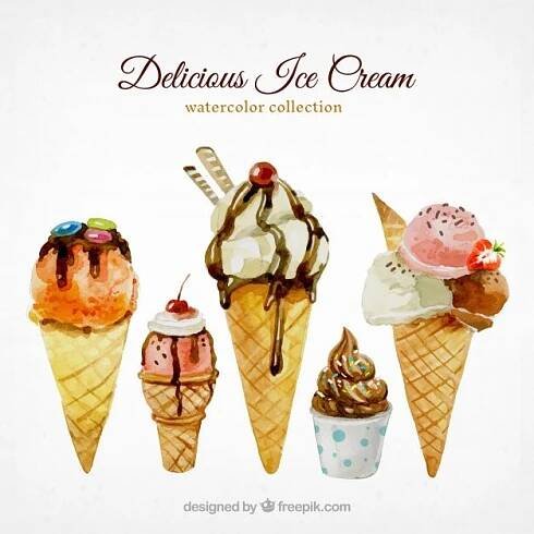 four ice cream cones with different toppings on them and the words delicious ice cream watercolor collection