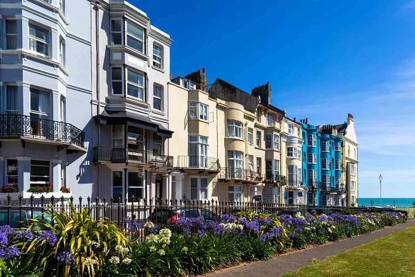 The New Steine Gardens and Colourful Hotels and Residential Buildings in Kemptown, Brighton, England