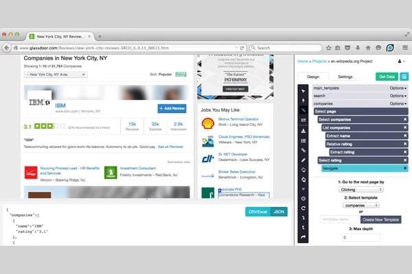 parsehub web crawler tool interface