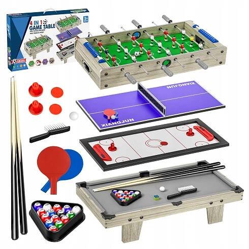 HRACÍ STŮL 4V1 KULEČNÍK HOKEJ PING PONG STOLNÍ FOTBAL PRO DĚTI SADA DŘEVO
