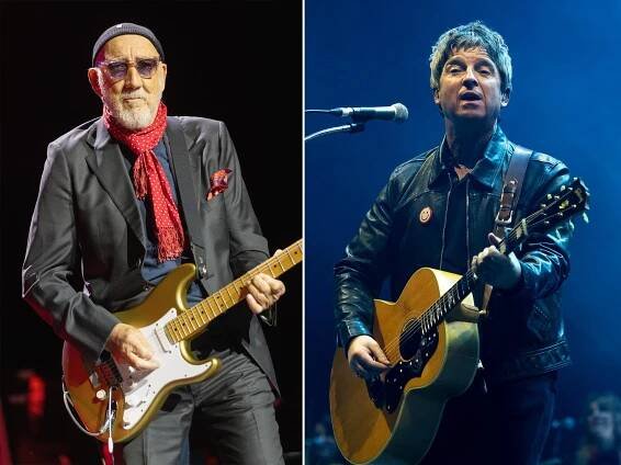 Pete Townshend (left) and Noel Gallagher (right), both pictured on stage with guitars in-hand.