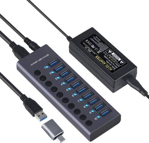 Rozbočovací adaptér 10 portů USB 3.0 HUB multiportový distributor s přepínačem 300 MB/s vysokorychlostní přenos, napájení 12 V 5 A pro notebook, PC, smartphone, tablet, klávesnici, myš, flash disk, USB ventilátor, lampu