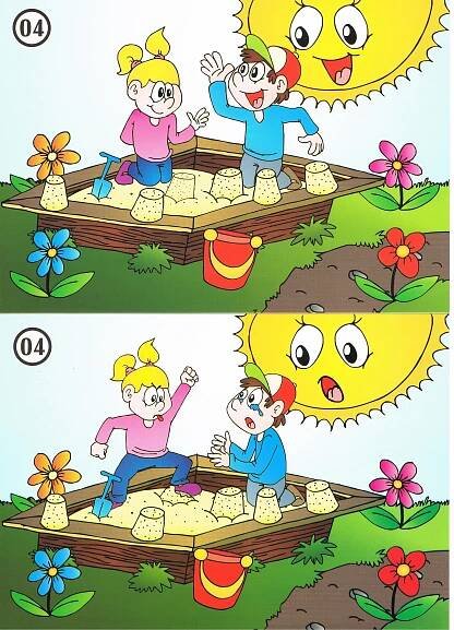 two cartoon images showing the same person playing in a sandbox with sun and flowers