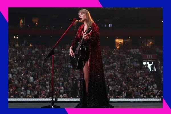 Taylor Swift sings and plays guitar in concert.