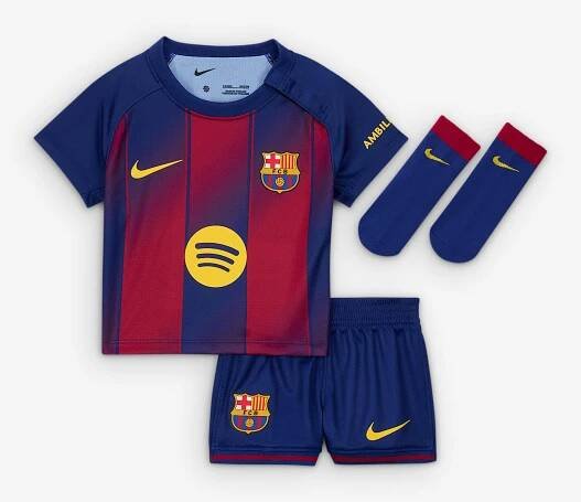 Replika domácí fotbalové trojdílné soupravy Nike FC Barcelona Stadium 2025/26 pro kojence a batolata - Deep Royal Blue/Deep Royal Blue/Noble Red/Midwest Gold