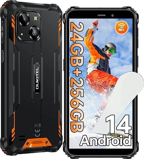 OUKITEL WP32 PRO Android 14 Outdoor Smartphone, 24GB+256GB mobilní telefon bez smlouvy, 6300mAh, 6.0" HD, IP68 voděodolný mobilní telefon, Dual 4G SIM/NFC/OTG - Orange
