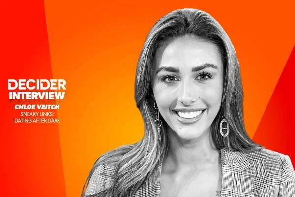 Chloe Veitch in black and white on an orange background