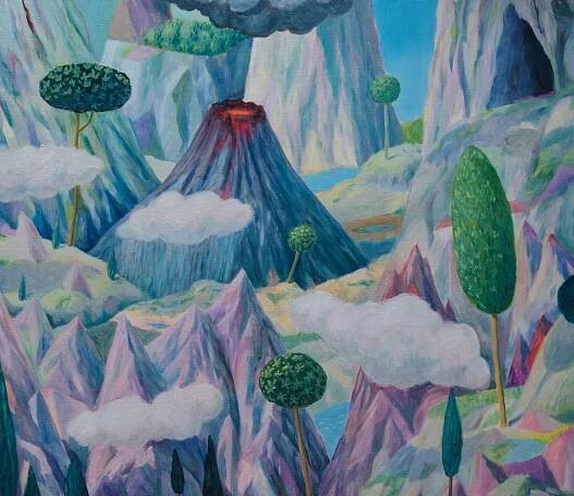 Earth, Volcano and Rain, Oil on Board
