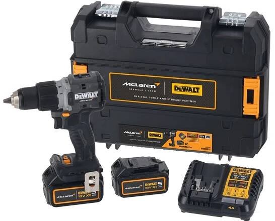 DCD85MP2T-QW DEWALT MCLAREN 18V AKU BEZUHLÍKOVÁ PŘÍKLEPOVÁ VRTAČKA, 2 X 5,0 AH, NABÍJEČKA, KUFR T-STAK