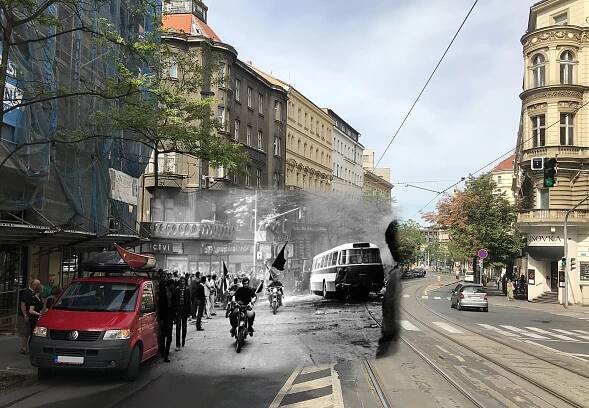 Vinohradská ulice, Praha Zdroj: Dobová fotografie Věra Petráková, novodobá fotografie Martin Škrabálek