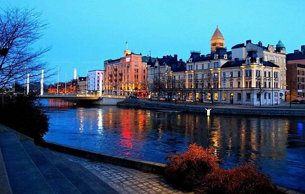 Norrkoping Sweden Riverfront Evening Lights Wallpaper