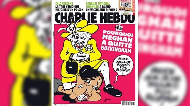 Bílá královna zaklekla hnědou Meghan. Charlie Hebdo opět rýpl do živého