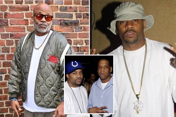 Damon Dash posing in front of a brick wall; Damon Dash wearing bucket hat posing for photo; Damon Dash and Jay-Z pose together at 44th Grammy Awards