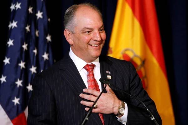 Louisiana Governor John Bel Edwards speaks during a welcoming ceremony for Spain's King Felipe VI and Queen Letizia at Gallier Hall in New Orleans, Louisiana, U.S., June 15, 2018.