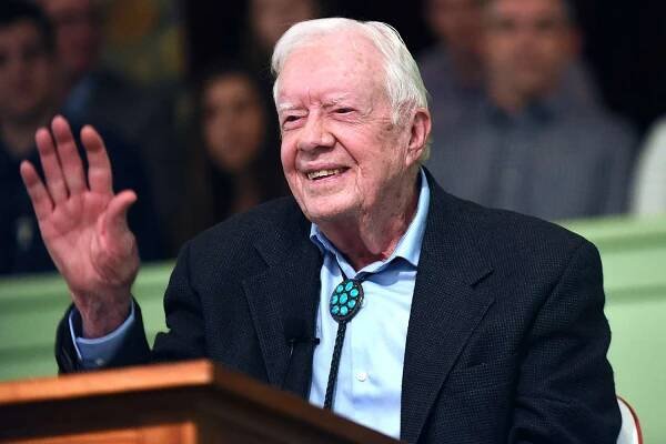 Jimmy Carter waves to the congregation after teaching Sunday school at Maranatha Baptist Church in his hometown of Plains, Georgia on April 28, 2019. 