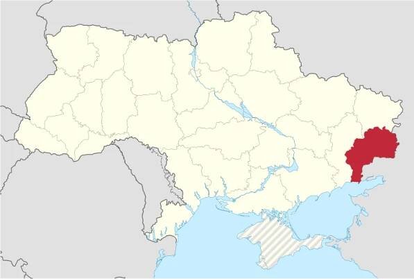 Mapa Ukrajiny s červeně vyznačeným územím pod kontrolou Luhanské a Doněcké lidové republiky