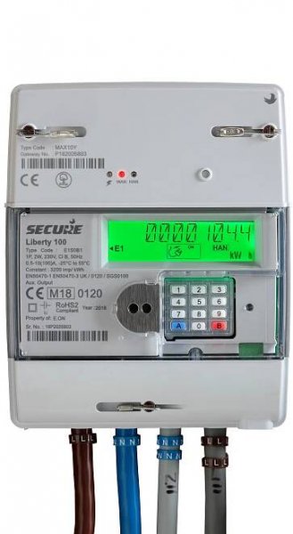 A digital electric meter with a MID marking on the left hand side. The MID mark is CE M18 0120.