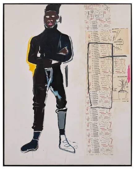 Jean-Michel Basquiat, Untitled (Indian Head) (1981), expressive mixed-media painting featuring a standing Black male figure in dark clothing with arms crossed, abstracted facial features, and handwritten notes, diagrams, and sketches on a white background.