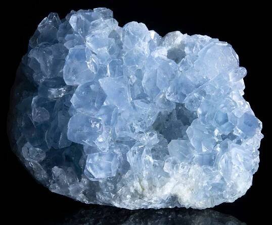 Celestine or celestite is a mineral consisting of strontium sulfate. The mineral is named for its occasional delicate blue color. Celestine and the carbonate mineral strontianite are the principal sources of the element strontium, commonly used in fireworks and in various metal alloys. It has a hardness of 3-3.5 on the Mohs hardness scale.