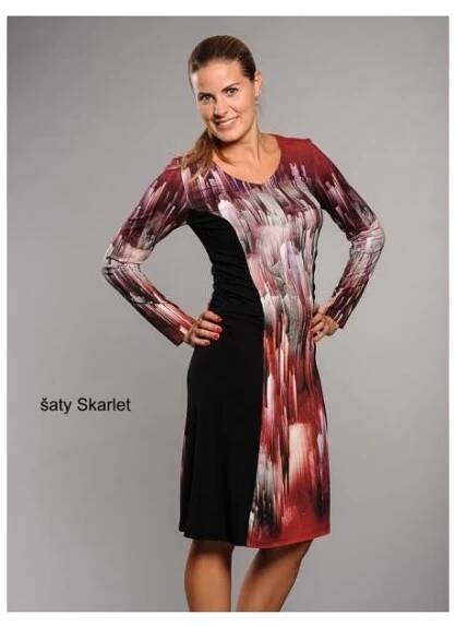 Dámské šaty Skarlet, dlouhý rukáv (Barva vínová abstrakce s černými boky, Velikost 48 / XXXL)