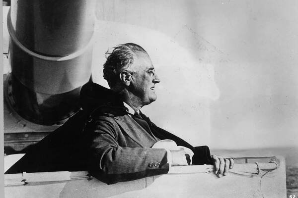 U.S. President Franklin D. Roosevelt on board an American warship circa 1935.