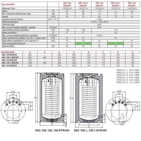 Dražice Ohřívač zásobníkový nepřímotopný, stacionární, horní vývod OKC 125 NTR/HV, 113 l, 524 x 1067 mm