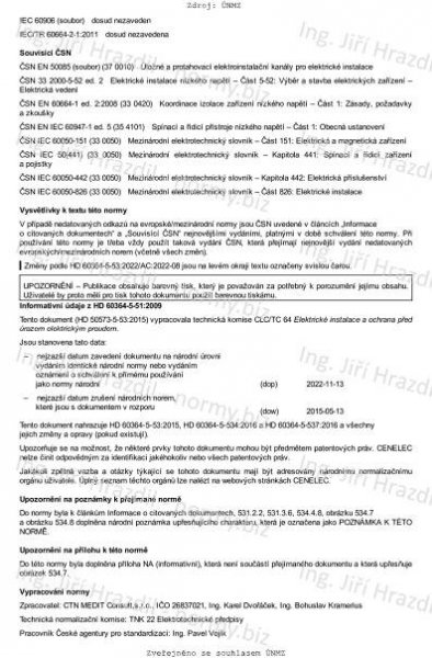 ČSN 33 2000-5-53 ed. 3 (332000) - Elektrické instalace nízkého napětí - Část 5-53: Výběr a stavba elektrických zařízení