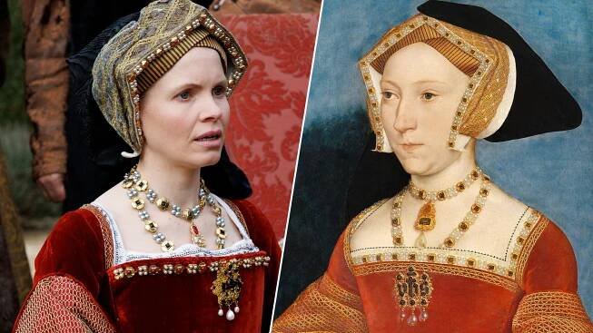 Split image of actor Kate Phillips as Jane Seymour in PBS MASTERPIECE's Wolf Hall: The Mirror and the Light (left) and 1536 portrait of Jane Seymour by Hans Holbein.