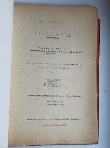 Šivananda: Radža Joga (1953). Majitel František Bardon - Odborné knihy