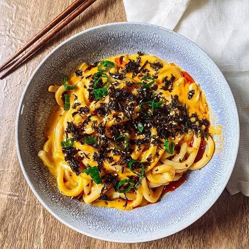 spicy cheesy udon easy quick meal chili oil