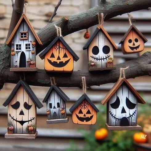 halloween birdhouses are hanging from a tree branch
