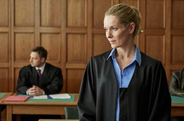 Romy Heiland steht in Anwaltsrobe im Gericht und blickt zur Seite.