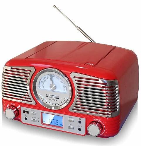 TechPlay QT62BT RED, Retro Design Compact Stereo CD, with AM/FM Rotary knob, Wireless Bluetooth Reception and USB Port. with AUX in and Headphone Jack