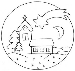 a christmas ornament with a house and stars in the sky on it, surrounded by snowflakes