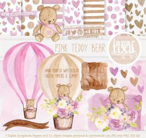 Girly TEDDY BEAR Digital Paper Clipart to create Party Printables Invitation Birthday party baptism baby shower box favors