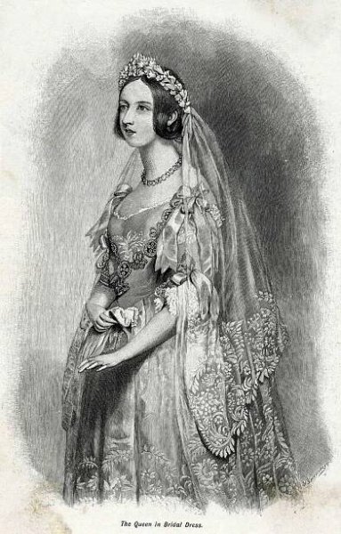 Illustrated portrait of Queen Victoria in her wedding gown