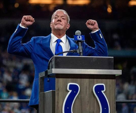  Indianapolis Colts owner Jim Irsay reacts to applause during Dwight Freeney"u2019s induction in the team"u2019s Ring of Honor during halftime of the game against the Miami Dolphins at Lucas Oil Stadium on November 10, 2019 in Indianapolis, Indiana