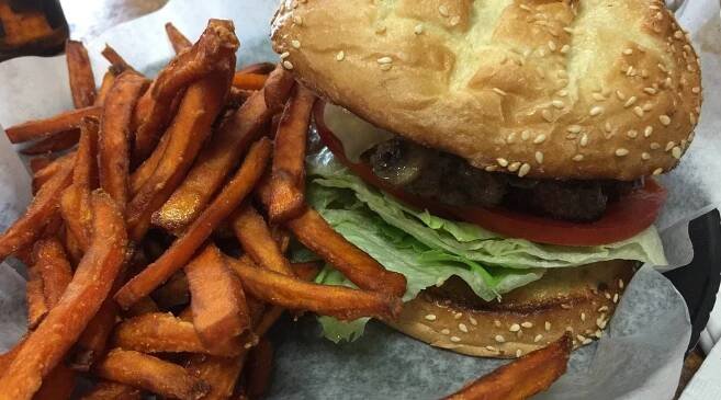 Mushroom burger, blue bacon burger, sweet potato fries