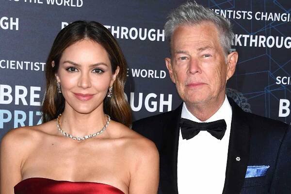 David Foster and Katharine McPhee arrives at the 9th Annual Breakthrough Prize Ceremony at Academy Museum of Motion Pictures on April 15, 2023 in Los Angeles, California.